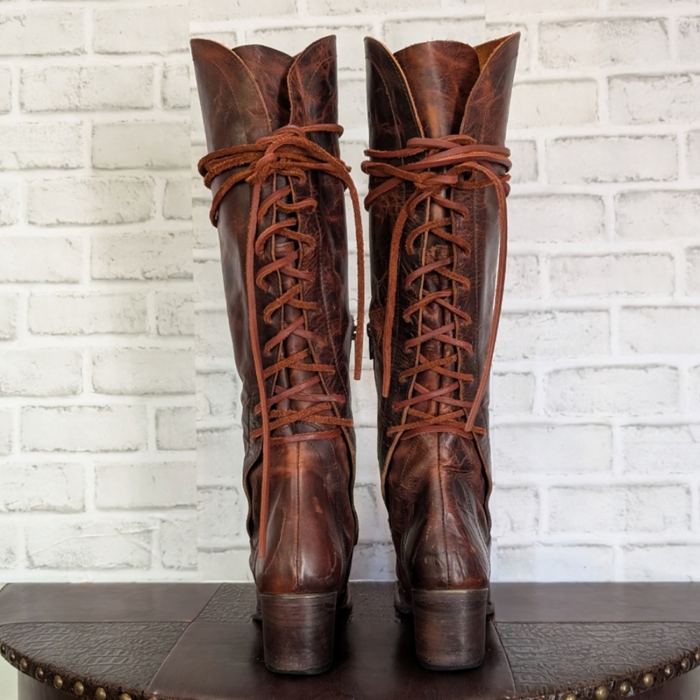 FreeBird By Steven COSMO Cognac Distressed Leather Back Lace Up Corset Boots 9 - Picture 11 of 13